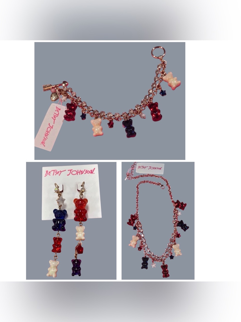 BETSEY JOHNSON SET RARE Red White Blue Gummy Bear Necklace Bracelet Earrings NWT
